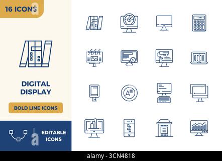 Umfassendes Paket mit 16 Vektorsymbolen im Bold Line-Design für Digitaldisplays, in gestochen scharfer Qualität mit 128x128 PIXELN. Stock Vektor