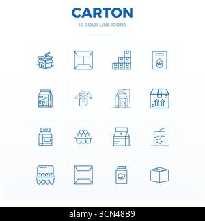 Meisterhaft erstellte 16 Vektorsymbole, die Karton in Bold Outline-Design darstellen, mit einer perfekten Auflösung von 128x128 PIXELN für außergewöhnliche visuelle Qualität Stock Vektor