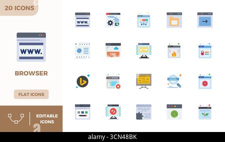 Kunstvoll gestaltete 20 flache, farbenfrohe PIXEL perfekte Vektorsymbole für Browser im Format 128x128 für konsistente visuelle Qualität. Stock Vektor