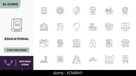 Ausgeklügeltes Paket mit 24 dünnen Konturvektorsymbolen für Bildungszwecke, entwickelt mit 128x128 PIXELN perfekte Klarheit für professionelle Anwendungen. Stock Vektor