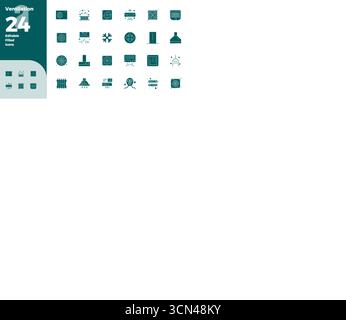 Set aus 24 Glyph-PIXEL Perfect Vektorsymbolen, die sich um Belüftung drehen, in 128x128-Auflösung für nahtlose Integration in Apps und Websites. Stock Vektor