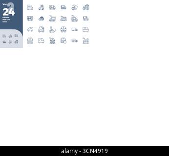 Ein vielseitiger Satz von 24 PIXEL Perfect Vektorsymbolen mit Fokus auf Van, geliefert im gestochen scharfen Format 128x128, ideal für mobile und Web-Anwendungen. Stock Vektor