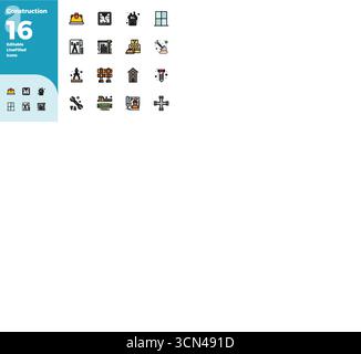 Die ultimative Sammlung von 16 Vektorsymbolen, die Konstruktion in farbenfroher, mit Linien gefüllter Ästhetik repräsentieren, optimiert mit einer perfekten Auflösung von 128x128 PIXELN für Stock Vektor