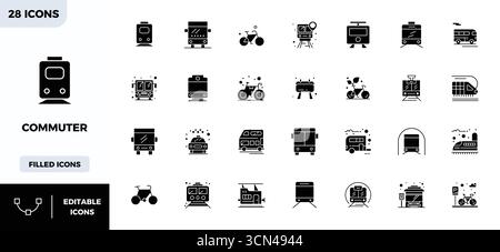 Laden Sie 28 skalierbare Glyph-gefüllte Vektorsymbole herunter, die für Pendler entwickelt wurden und eine PIXEL-perfekte 128x128-Auflösung bieten, die für professionelle und kreative Zwecke geeignet ist Stock Vektor