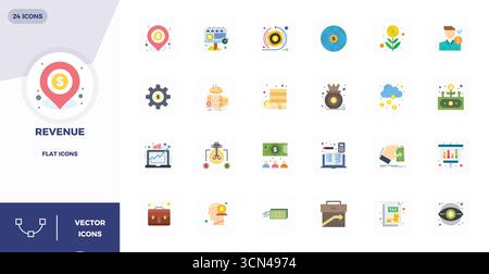 Entdecken Sie ein Set von 24 flachen Vektorsymbolen, die speziell für das Thema „Einnahmen“ entwickelt wurden. Die Designs mit 128x128 PIXELN sind perfekt für moderne UI/UX-Projekte geeignet. Stock Vektor