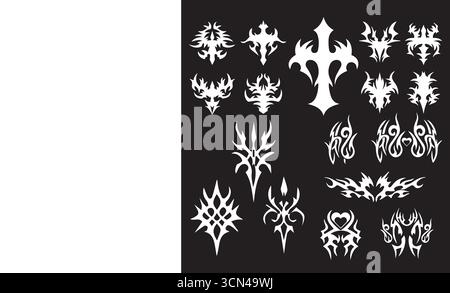 Cybersigilismus-Erbe, neo-Stammesmuster in verschiedenen Stilen. Gotisches Tattoo, digitale 3D-Kunst. Сybersigilism in einem überdachten Verständnis, anders Stock Vektor