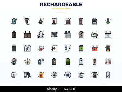 Fortschrittliche Sammlung von 40 PIXEL Perfect Vektor-Symbolen, inspiriert von wiederaufladbaren, in flacher Linie mit 128x128-Optimierung für überragende Sichtbarkeit Stock Vektor