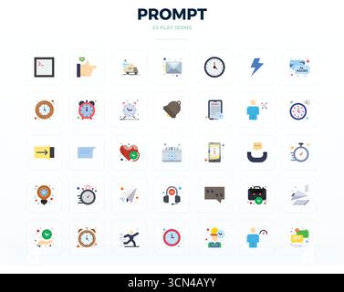 Professionelle Sammlung von 35 flachen Vektorsymbolen, die Prompt darstellen, gefertigt mit 128x128 PIXELN perfekter Präzision für Unternehmensanwendungen. Stock Vektor