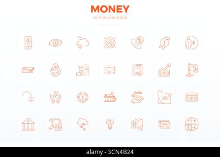 Fortschrittliche Sammlung von 28 PIXEL Perfect Vektorsymbolen, inspiriert von Geld, in Thin Line mit 128x128-Optimierung für überragende visuelle Leistung Stock Vektor