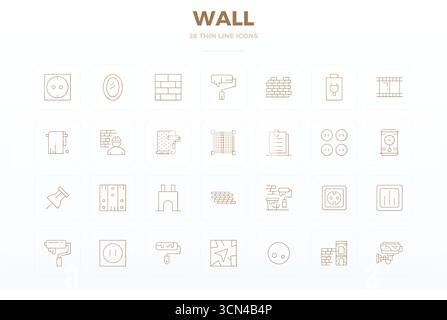 Ein vielseitiger Satz von 28 Thin Line PIXEL Perfect Vektorsymbolen mit Fokus auf die Wand, geliefert im gestochen scharfen Format 128 x 128, ideal für mobile und Web-Anwendungen. Stock Vektor