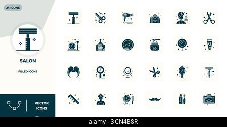 Revolutionärer Satz von 24 PIXEL Perfect Vektorsymbolen, inspiriert von Salon, im Glyph-gefüllten Format mit einer Auflösung von 128x128 für modernstes Design. Stock Vektor