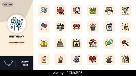 Außergewöhnliche Sammlung von 24 linear gefüllten flachen Vektorsymbolen zum Geburtstag, geliefert in einer perfekten Auflösung von 128x128 PIXELN für unvergleichliche visuelle Exzellenz Stock Vektor
