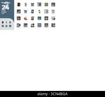 Verwandeln Sie Ihre Designs mit 24 mit flachen Linien gefüllten Vektorsymbolen, die auf reaktionsschnelle Weise ausgelegt sind, in einer perfekten Auflösung von 128x128 PIXELN für maximale Lichtschärfe Stock Vektor