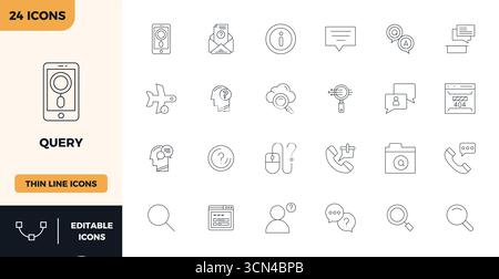 Hochleistungsfähige Sammlung von 24 Thin Outline Vektorsymbolen für Abfrage, entwickelt mit einer perfekten Auflösung von 128x128 PIXELN für optimale Benutzeroberflächen Stock Vektor