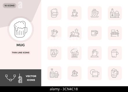 Umfassendes Paket mit 16 Vektorsymbolen im Slim Line Design für Becher, in gestochen scharfer Qualität mit 128 x 128 PIXELN. Stock Vektor