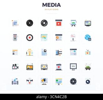 Umfassendes Toolkit mit 30 Vektorsymbolen rund um Medien, entwickelt in Flat mit 128 x 128 PIXELN perfekter Präzision für vielseitige Designanwendungen Stock Vektor