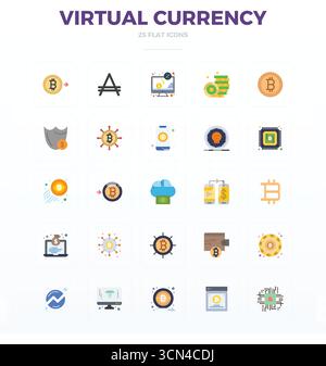 Vektorpaket mit 25 Flat PIXEL Perfect Icons, inspiriert von Virtual Currency, in 128x128 Auflösung, ideal für skalierbare und kreative Designarbeiten Stock Vektor