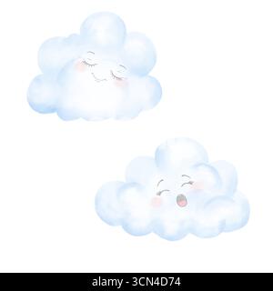 Flauschige Wolken gähnen und schlafen. Aquarellabbildung. Ein Set niedlicher Wolken mit Augen, isoliert auf weißem Hintergrund. Für Kinderbücher, Einladungen Stockfoto
