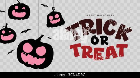 Gruselige Halloween Clipart Trick or Treat Text mit gruseligen Kürbissen und Fledermaus Illustration Stock Vektor