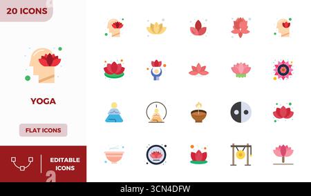 Ein vielseitiger Satz von 20 Flat Bunte PIXEL Perfect Vektorsymbolen mit Fokus auf Yoga, geliefert im gestochen scharfen Format 128x128, ideal für mobile Anwendungen und Web-Anwendungen Stock Vektor