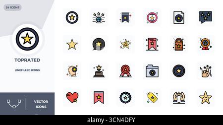 Verwandeln Sie Ihre Designs mit 24 Lineal gefüllten flachen Vektorsymbolen rund um TopRated, die in einer perfekten Auflösung von 128x128 PIXELN für maximale Clar entwickelt wurden Stock Vektor