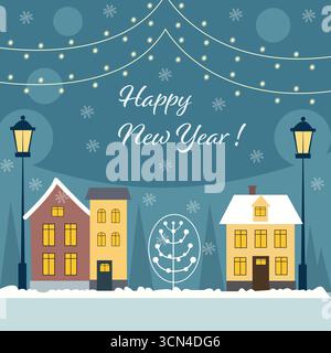 Weihnachtspostkarte mit Windlichtern und verschneiten Bäumen Stock Vektor