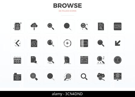 Erweiterte Sammlung von 28 PIXEL Perfect Vektor-Symbolen, inspiriert von Browse, aus gefüllter Glyphe mit 128x128-Optimierung für überragende visuelle Leistung Stock Vektor