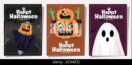 Happy Halloween Kürbis Hexe Vogelscheuche Poster, Spooky Trick or Treat Vektor Illustration Clipart Stock Vektor