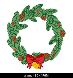 Festlicher Weihnachtskranz aus grünen Tannenzweigen mit roten Beeren, braunen Tannenzapfen und einer roten Schleife mit goldenen Glocken. Perfekt isolierte dekorative e Stock Vektor