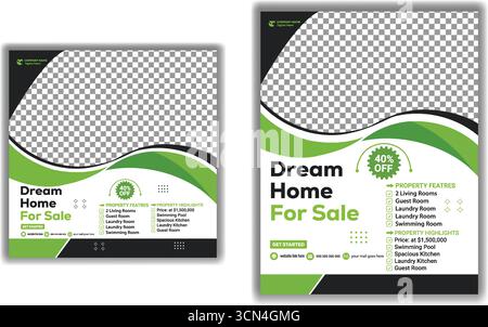 Modernes Immobilienhaus zum Verkauf Flyer Vorlage Grün und Schwarz Eigenschaft Promotion Poster Design und Social Media Vektor Illustration Design Stock Vektor