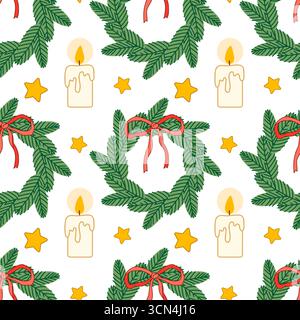Nahtloses Weihnachtsmuster mit brennenden Kerzen, Sternen und einem wunderschönen Kranz aus Tannenzweigen mit roter Schleife. Perfekt zum Einwickeln von Papier, sc Stock Vektor
