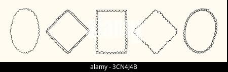 Niedliche, skurrile handgezeichnete Rahmen und knackige Borten im romantischen Ornamentstil. Konzept des dekorativen Umrisses für valentinskarte, Liebeseinladung Stock Vektor
