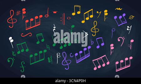 Notenzeichen mit Buntstift in Pastellfarben oder Kreide kritzelnd handgezeichnete Symbolformen. Stock Vektor