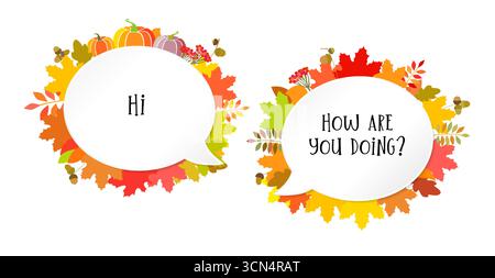 Herbstliche kreative Angebotsetiketten mit Beispieltext. Süße Emoticons, eingerahmt von Herbstblättern. Set aus saisonalen kreativen Rahmen Stock Vektor