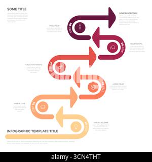 Die moderne Infografik-Vorlage verfügt über einen gewundenen Pfeil mit sechs nummerierten Schritten, die jeweils ein eigenes Symbol enthalten. Infografik zur Prozessvisualisierung, Stock Vektor
