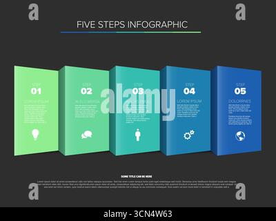 Eine vertikale 3D-Infografikvorlage mit farbigen nummerierten Feldern auf dunklem Hintergrund. Diese Infografik bietet fünf verschiedene Schritte, perfekt Stock Vektor