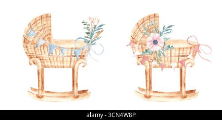 Wasserfarben-Babywiege für Mädchen und Jungen aus Rattan mit blauen und rosafarbenen Flaggen und Blumengirlanden im Vintage-Stil. Kinder Stockfoto