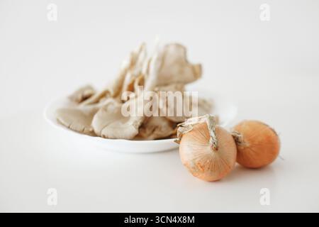 Austernpilze und Zwiebeln bereit zum Kochen auf weißem Hintergrund Stockfoto