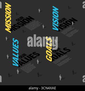 Ein isometrisches Design, das die Konzepte der Geschäftsstrategie visualisiert: Mission, Vision, Werte und Ziele. Moderne Infografiken vermitteln wichtige Geschäftsabläufe effektiv Stock Vektor