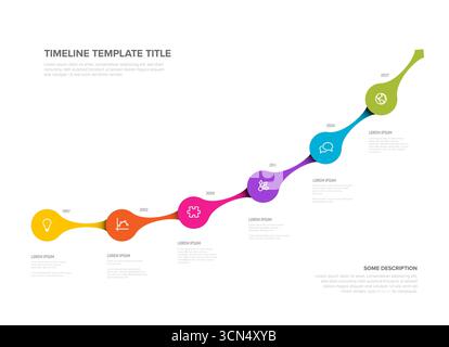 Diese farbenfrohe Infografik-Vorlage mit Zeitachsen und Symbolen bietet ein horizontales Design mit Blasen und Symbolen, perfekt für die Darstellung einer Zeitachse oder eines Prozesses. Timel Stock Vektor