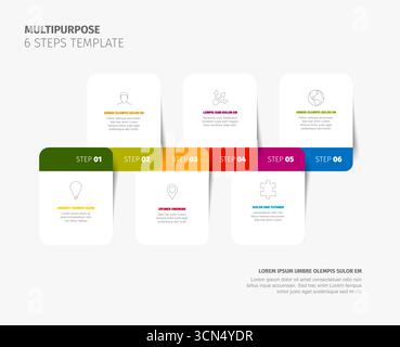 Ein übersichtliches, vielseitiges Infografik-Design mit 6 verschiedenen Schritten, Symbolen und Textfeldern. Diese 6-Schritte-Vorlage eignet sich hervorragend für Prozess V Stock Vektor