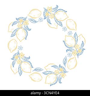 Handgezeichneter kreisförmiger Kranzrahmen mit Zitrone, Blättern und Blume in gelber und blauer Linienart auf weißem Hintergrund mit leerem Mittelraum. Stock Vektor