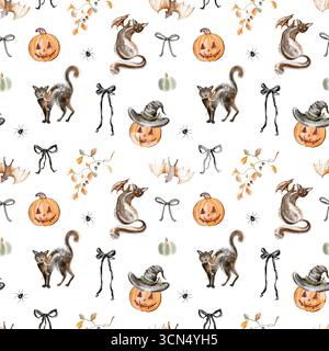 Halloween nahtloses Muster mit Aquarellkürbissen, schwarzen Katzen, Geistern, Fledermäusen, Hexenhut. Digitalpapier für Stoff, Tapeten, Geschenkpapier, Kinderzimmer Stockfoto