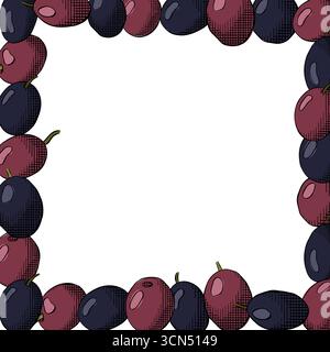 Quadratische Rahmenschablone aus Oliven schwarzen Beeren. Vektorgrafik Linie farbige Illustration. Silhouettenzeichen für Logo, Druck, Comics, Mode, Pop Art, Eber Stock Vektor
