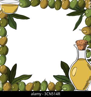 Skizzenrahmen aus Olivenzweig mit Beeren und Blättern. Schablone mit quadratischem Rahmen für Olivenöl, grüne Beeren und Blätter. Vektor-Grafik-Linie Tinte farbig illustr Stock Vektor