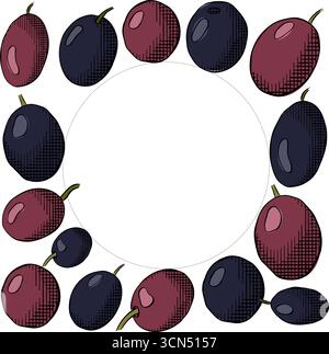 Quadratische quadratische Schablone mit schwarzem Beeren. Vektorgrafik Linie farbige Illustration. Für T-Shirt-Druck, Webdesign, Schönheitssalons, Poster Stock Vektor