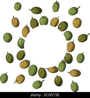Handgezeichneter Kranz mit runder Rahmenschablone aus Reifen Olivenbeeren. Vektorgrafik Linie farbige Illustration. Banner, Poster, Geschenkpapier, sti Stock Vektor