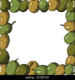 Quadratische Schablone für Olivenbeere. Vektorgrafik Linie farbige Illustration. Mediterranes botanisches Design für Paket Banner, Poster, Geschenkpapier, Stock Vektor