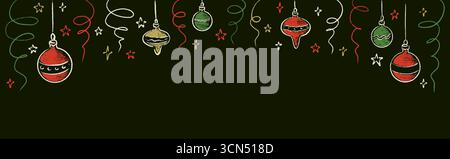 Frohe Weihnachten und glückliches neues Jahr Hand gezeichneter Buntstift-Hintergrund mit niedlichen Linie Kritzele Weihnachtsbaumkugeln, Streamer, Serpentine, Konfetti, Sterne, b Stock Vektor