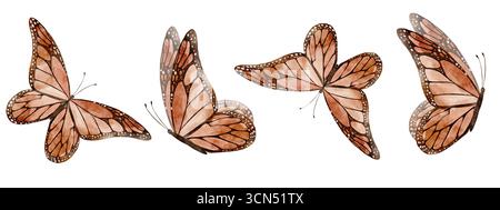 Aquarellrand mit Monarch Schmetterlingen im Flug. Nahtloses Muster mit Motte für Hochzeitseinladungen oder Grußkarten. Illustration von Insekten für Rahmenschablonen auf isoliertem Hintergrund. Stockfoto